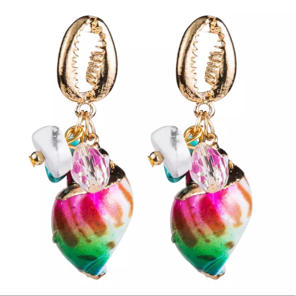 Multi Color Rainbow Gold Leopard Conch Shell Earrings